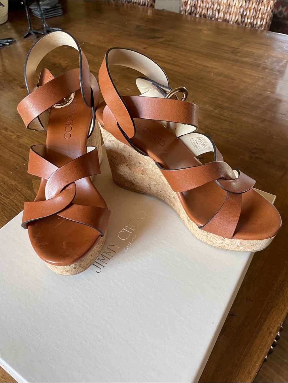 JIMMY CHOO Tan Leather Cork Platform Sandals 36.5